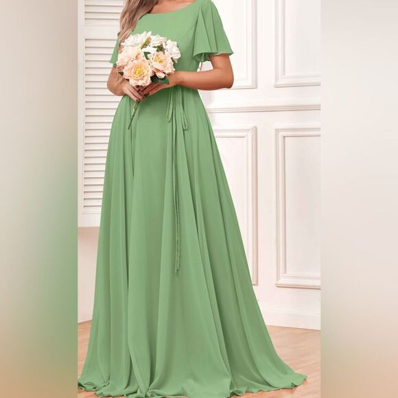 Pomuyoo Mint Green Pleated Adjustable Tie Back Silky Short Sleeve  VNeck Maxi - Picture 1 of 13